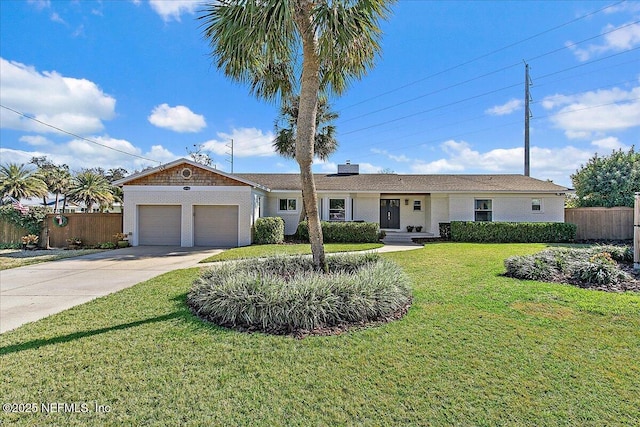 ranch-style house with a garage and a front lawn