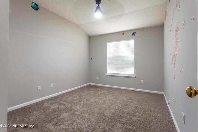 unfurnished room with carpet floors, a textured ceiling, and lofted ceiling