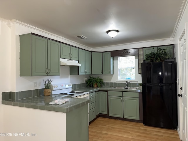 361 Broward St, Jacksonville, FL 32204 - kitchen featuring freestanding refrigerator, under cabinet range hood, a sink, white electric range oven, and tile countertops