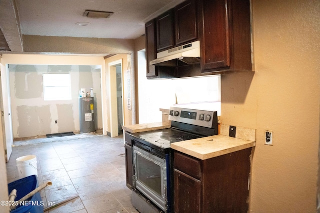 kitchen with electric water heater, stainless steel electric range, and dark brown cabinets