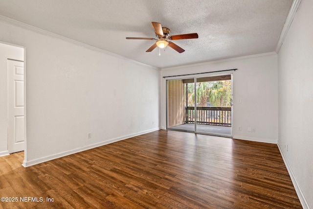 spare room with ceiling fan, a textured ceiling, dark hardwood / wood-style flooring, and ornamental molding