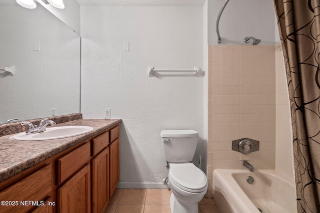 full bathroom with toilet, vanity, tile patterned flooring, and shower / bathtub combination with curtain