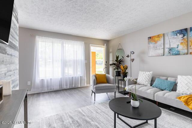 living room with a textured ceiling and hardwood / wood-style floors