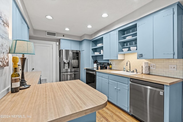 kitchen with sink, blue cabinetry, appliances with stainless steel finishes, and decorative backsplash