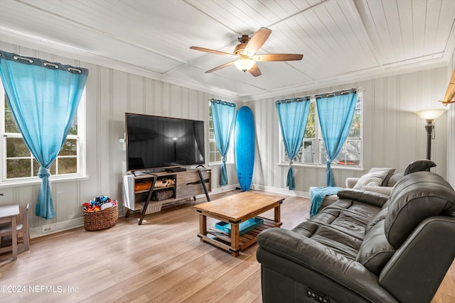 living room featuring ornamental molding, hardwood / wood-style floors, ceiling fan, and wood ceiling