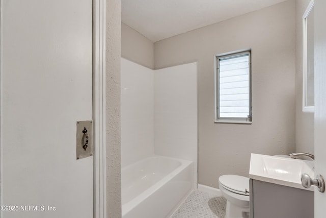 full bathroom with shower / bath combination, toilet, vanity, and tile patterned flooring