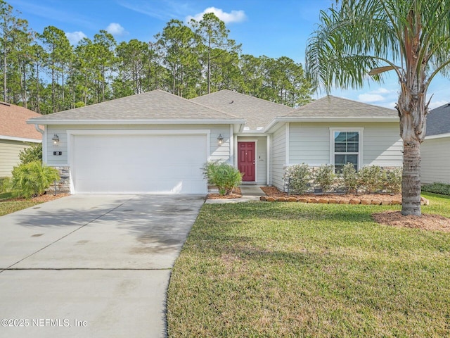 single story home with a front lawn and a garage