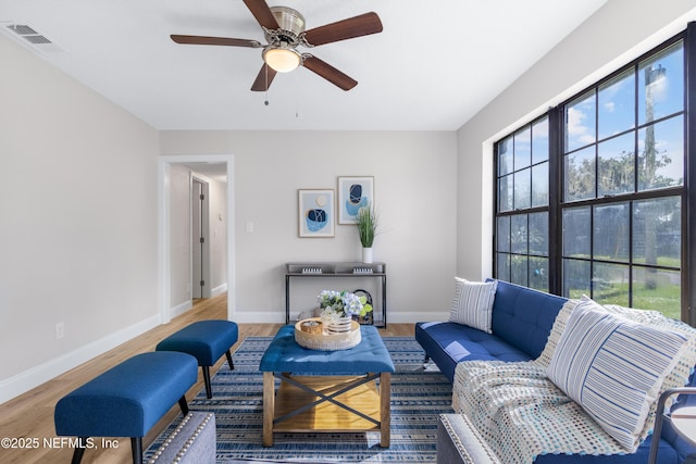 living room with ceiling fan and wood-type flooring