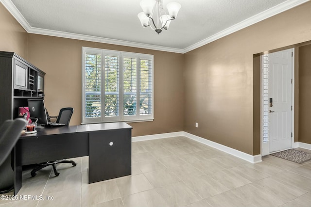 office space with a textured ceiling, light tile patterned floors, ornamental molding, and a chandelier