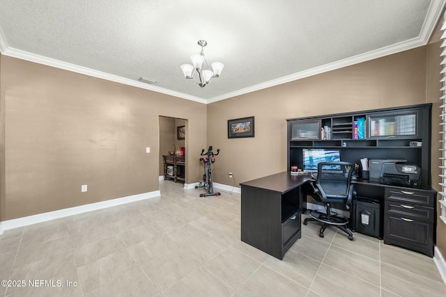 office area featuring light tile patterned flooring, ornamental molding, a textured ceiling, and a notable chandelier