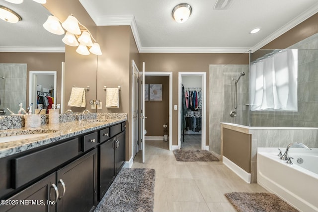 bathroom with vanity, tile patterned floors, independent shower and bath, and crown molding