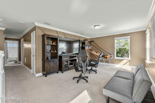 office area with light carpet and crown molding