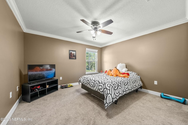 bedroom featuring ceiling fan, carpet, and ornamental molding