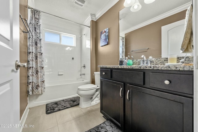 full bathroom featuring toilet, vanity, tile patterned floors, ornamental molding, and shower / bath combo with shower curtain