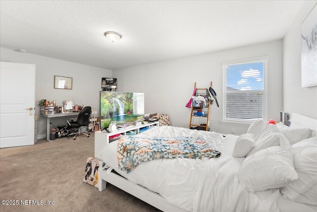 carpeted bedroom with a textured ceiling