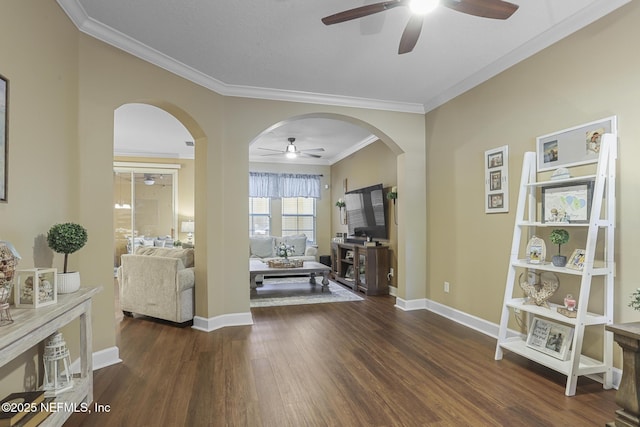 living room with crown molding and dark wood-type flooring