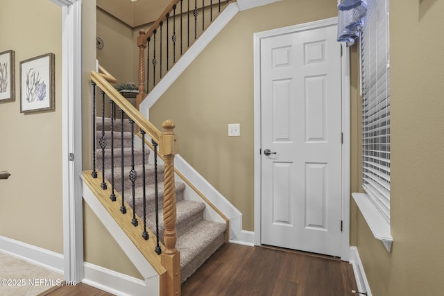 stairway with hardwood / wood-style flooring