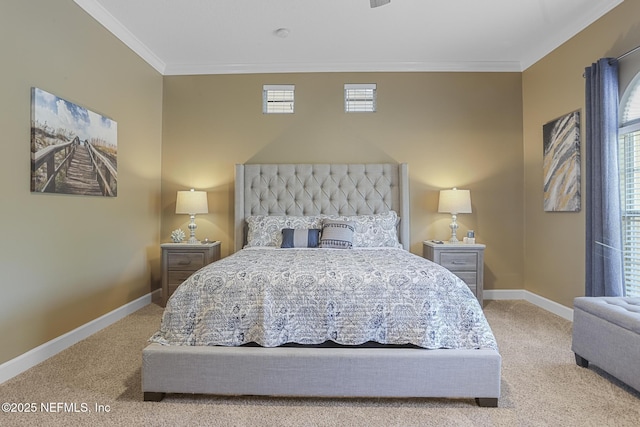 carpeted bedroom with ornamental molding