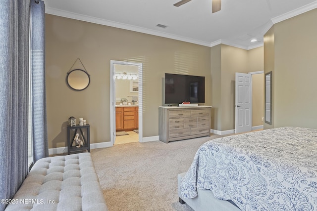 bedroom with light carpet, connected bathroom, ornamental molding, and ceiling fan