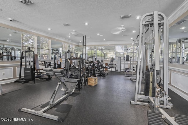 exercise room featuring ornamental molding and a textured ceiling