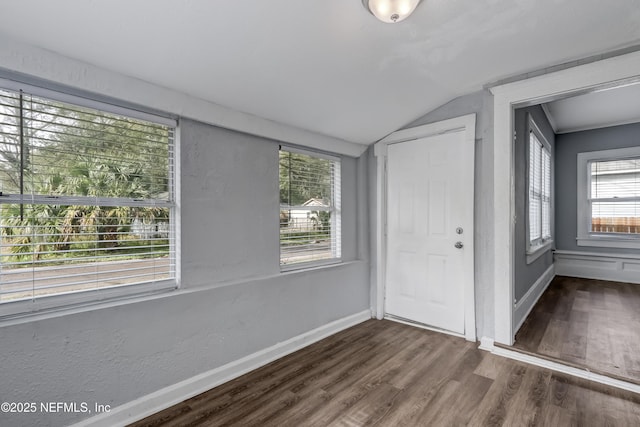 entryway with dark hardwood / wood-style flooring and lofted ceiling