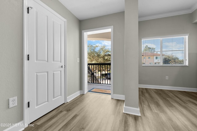 interior space with light hardwood / wood-style floors and ornamental molding