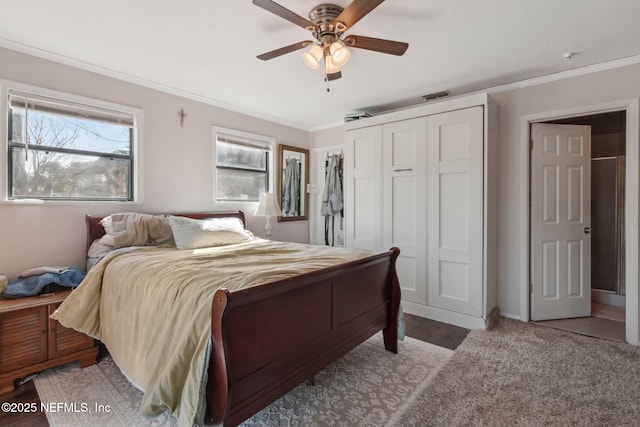 bedroom with crown molding, a ceiling fan, visible vents, and a closet