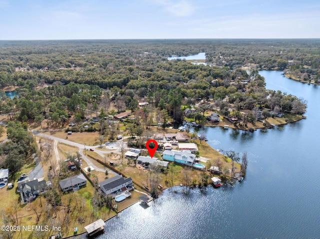 drone / aerial view featuring a wooded view and a water view