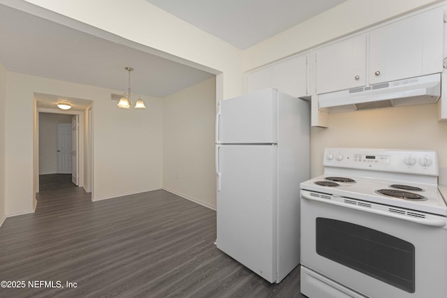 kitchen with an inviting chandelier, white cabinetry, decorative light fixtures, white appliances, and dark wood-type flooring