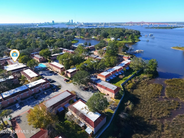 birds eye view of property featuring a water view