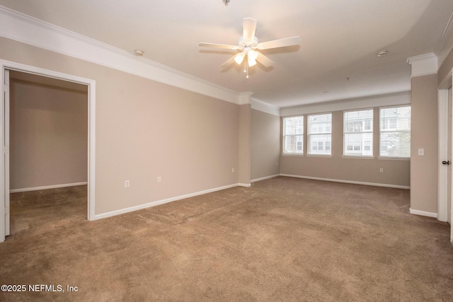 carpeted spare room featuring a ceiling fan, baseboards, and ornamental molding