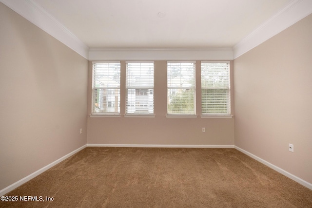 empty room with carpet flooring, baseboards, and ornamental molding