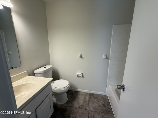 full bathroom featuring vanity, bathing tub / shower combination, and toilet