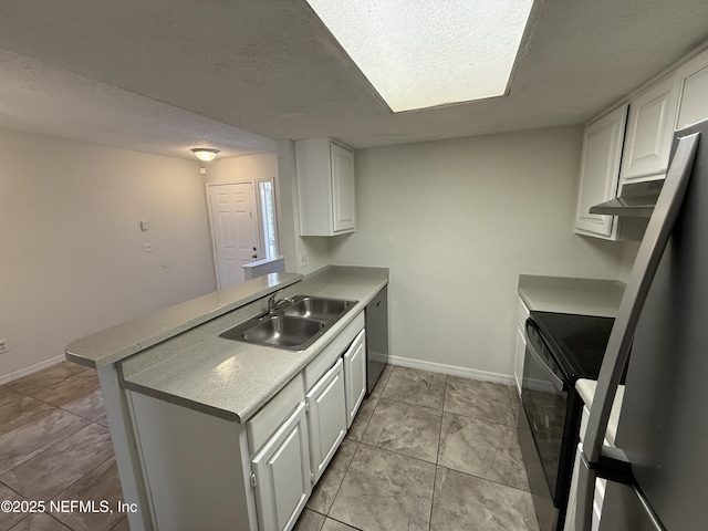 kitchen featuring sink, white cabinetry, kitchen peninsula, black range with electric cooktop, and dishwasher