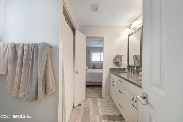 bathroom featuring vanity, a textured ceiling, and hardwood / wood-style flooring