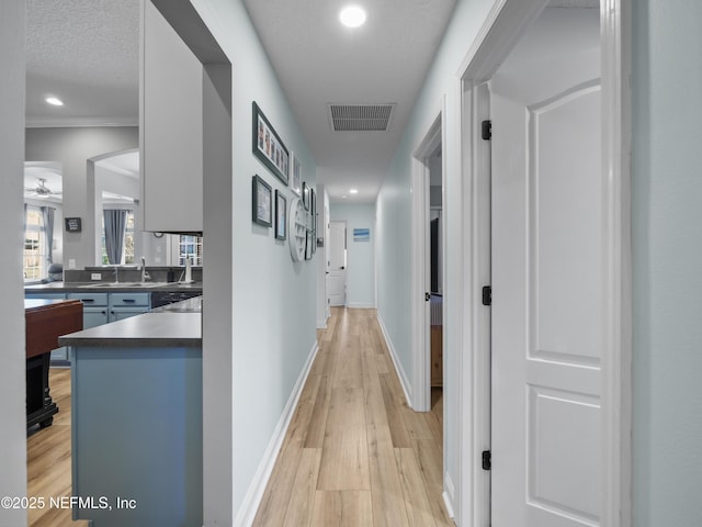 hall with ornamental molding, sink, light hardwood / wood-style flooring, and a textured ceiling