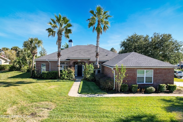 ranch-style home featuring a front lawn