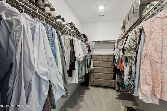 spacious closet featuring light colored carpet