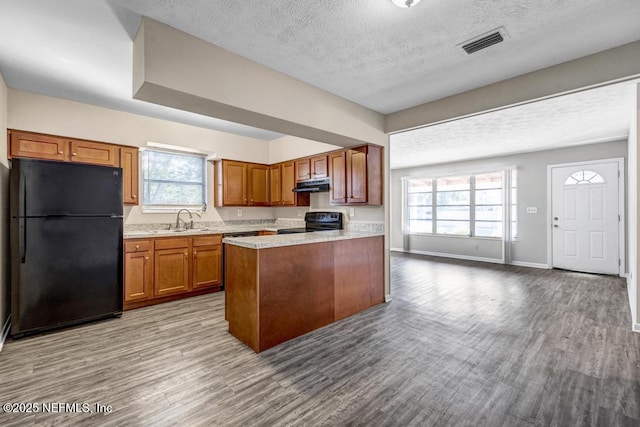 kitchen with a textured ceiling, a healthy amount of sunlight, sink, and black appliances