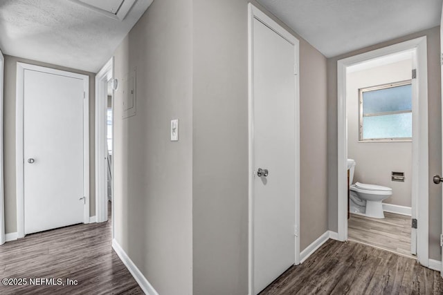 corridor with a textured ceiling and wood-type flooring