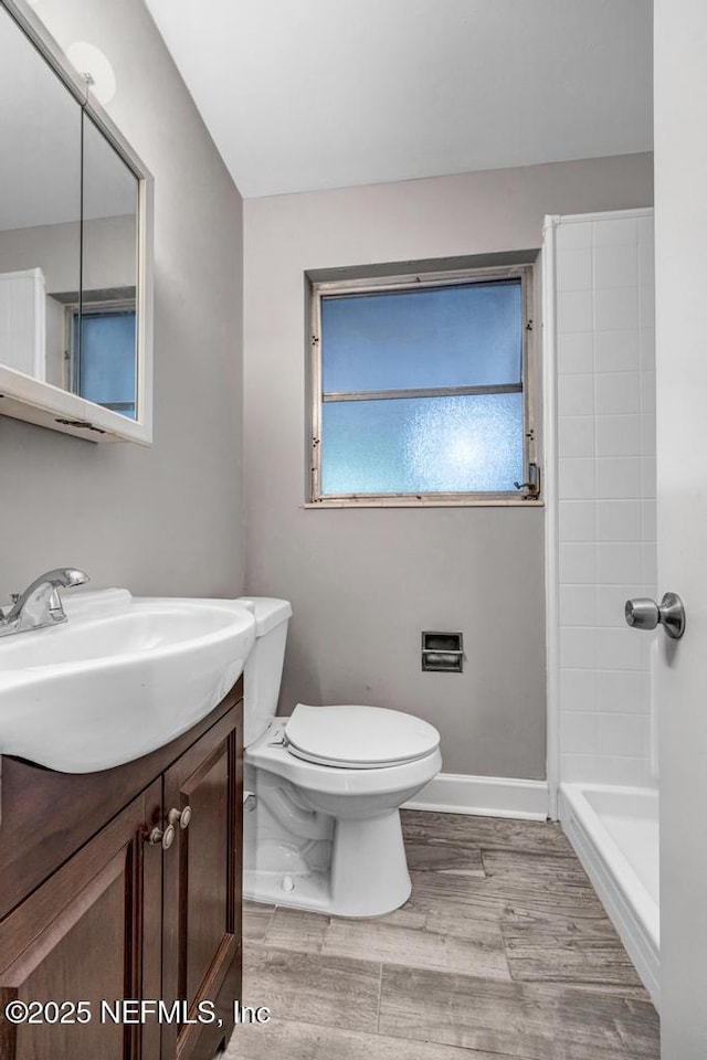 bathroom featuring toilet, vanity, and walk in shower