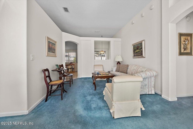 living room featuring a textured ceiling and carpet flooring