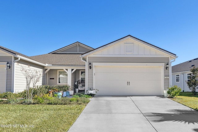 ranch-style home with a front lawn and a garage