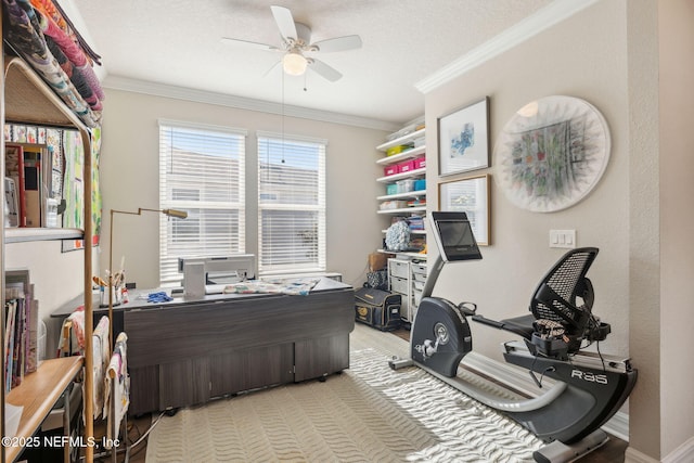 carpeted home office featuring ornamental molding, a textured ceiling, and ceiling fan