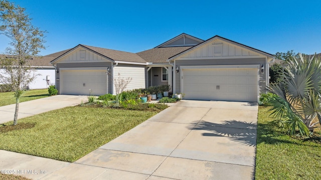 ranch-style house featuring a garage and a front yard