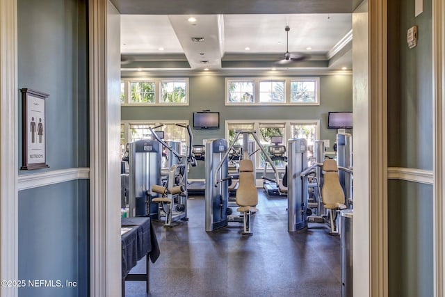 exercise room featuring a high ceiling and crown molding