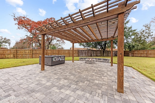 view of patio with an outdoor fire pit and a pergola