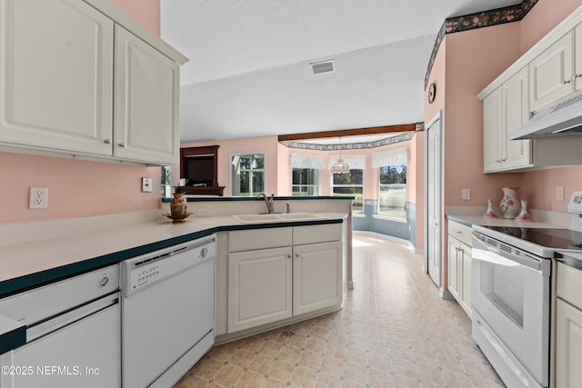 kitchen featuring white cabinetry, sink, and white appliances