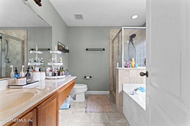 full bathroom with vanity, separate shower and tub, and toilet