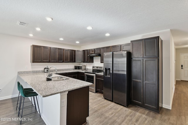 kitchen with dark brown cabinetry, a kitchen bar, stainless steel appliances, sink, and kitchen peninsula